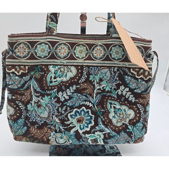 Vera Bradley Quilted Shoulder Tote Bag Brown & Blue Floral - Picture 1 of 10